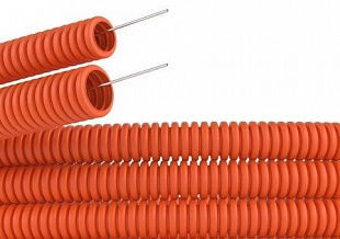 Труба ПНД гибкая гофрированная d50мм тяжелая с протяжкой (15 м) оранжевая